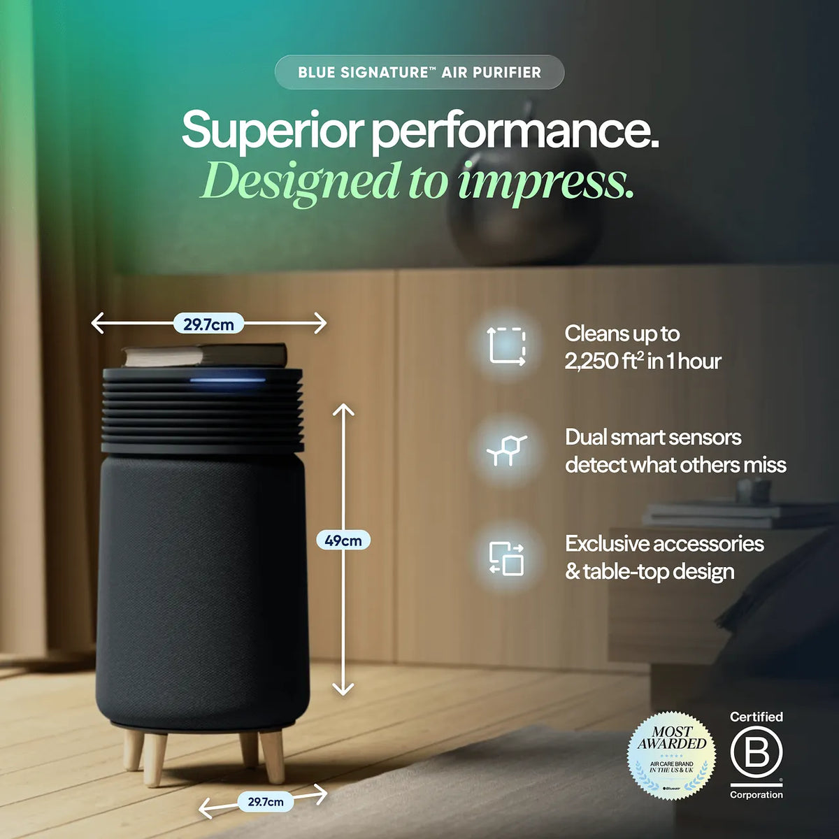 Blueair Blue Signature™ Luftreiniger, dunkelgrau, mit Maßangaben 29,7 cm Breite und 49 cm Höhe sowie Ausstattungsmerkmalen