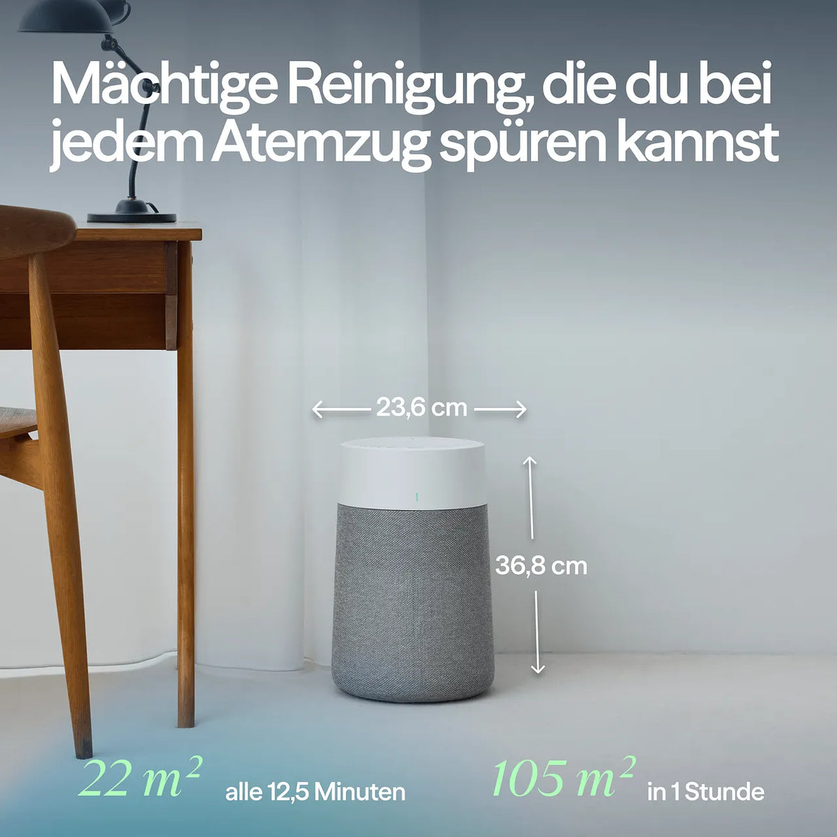 Blueair Blue Max Pure Luftreiniger im Wohnraum mit Maßangaben 23,6 cm Breite und 36,8 cm Höhe