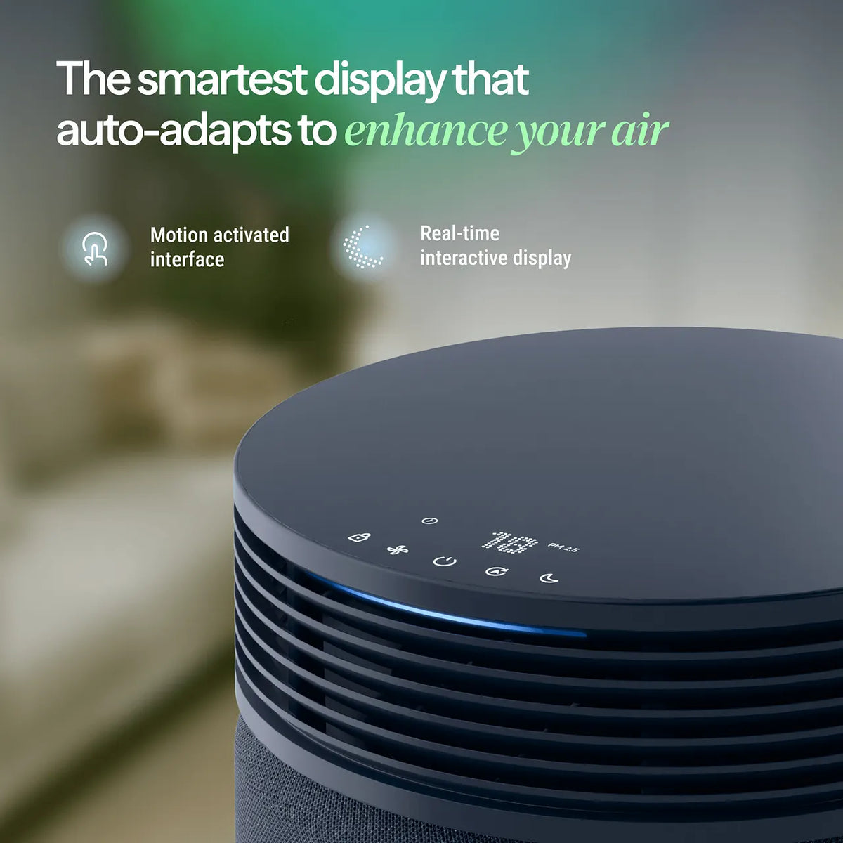 Blueair SP3i Luftreiniger, Nahaufnahme der runden Oberseite mit Touch-Display und PM2.5-Anzeige