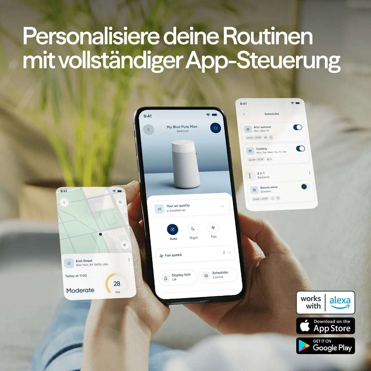 Hand hält Smartphone mit Blueair-App, zeigt Luftqualität und Steuerung des „Blue Pure Max“ Luftreinigers, Grafik mit Zusatzscreens zu Zeitplänen und Standort